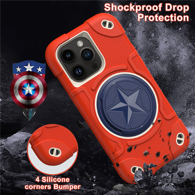 Shield Rotating Ring Rugged Stand Case – Five-Pointed Star Design, Macaron Color Bumper Cover, Durable Protection for iPhone Models