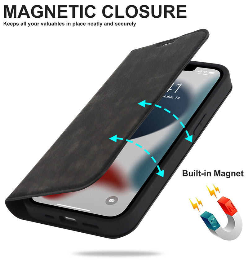 Luxury Magnetic Leather Wallet Case – MagSafe Wireless Charging, Card Slot, Stand Feature, Premium Protection, Stylish & Durable Cover