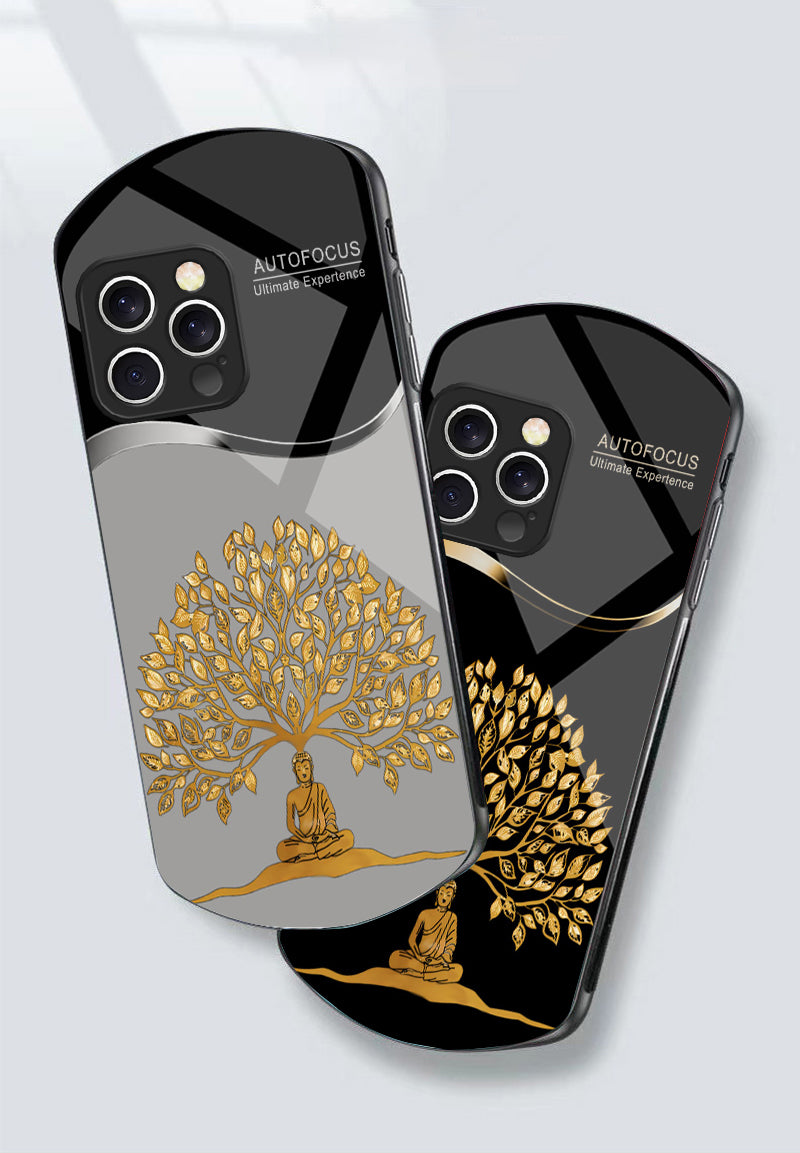 Golden Wealth Tree Phone Case – Elegant Tempered Glass for iPhone Models, Durable Protection, Stylish Elliptical Design