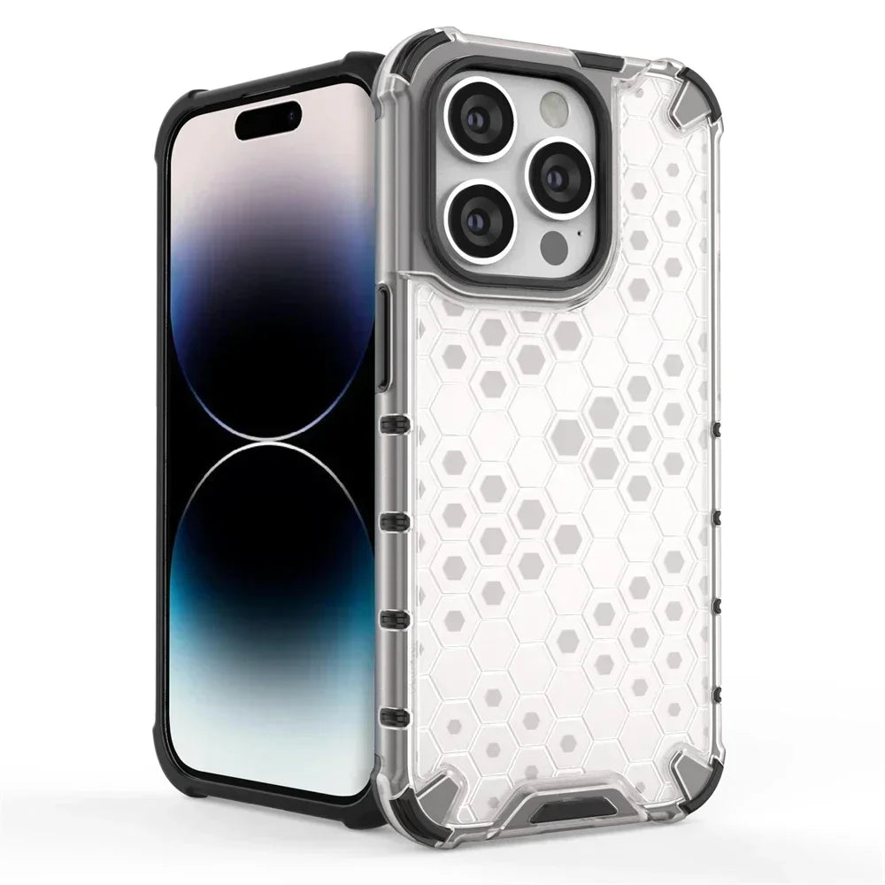 KEYSION Shockproof Armor Case – Soft Silicone + PC Transparent Honeycomb Back Cover for iPhone Models, Durable and Protective Design