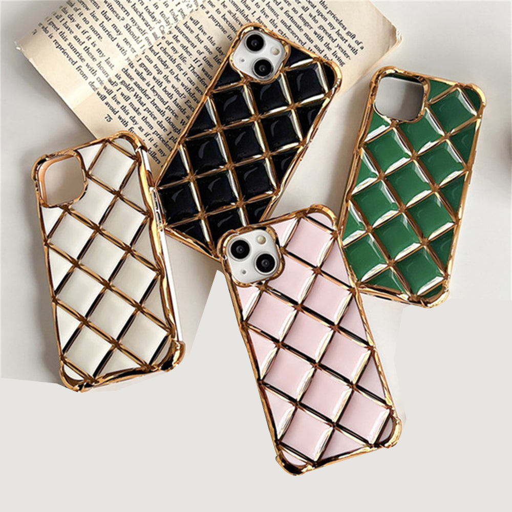 Luxury Plating Diamond Lattice Grid Shockproof Phone Case Gold Plated Cover for iPhone Models, Elegant & Durable Protection