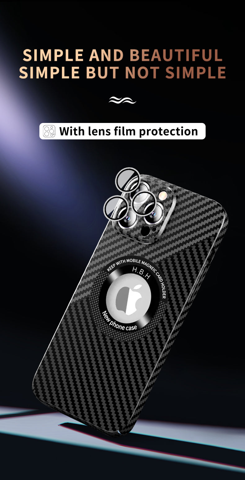 Ultra-Thin Carbon Fiber MagSafe Case – Frameless Matte PC Cover with Logo Hollow and Magnetic Ring for iPhone Models