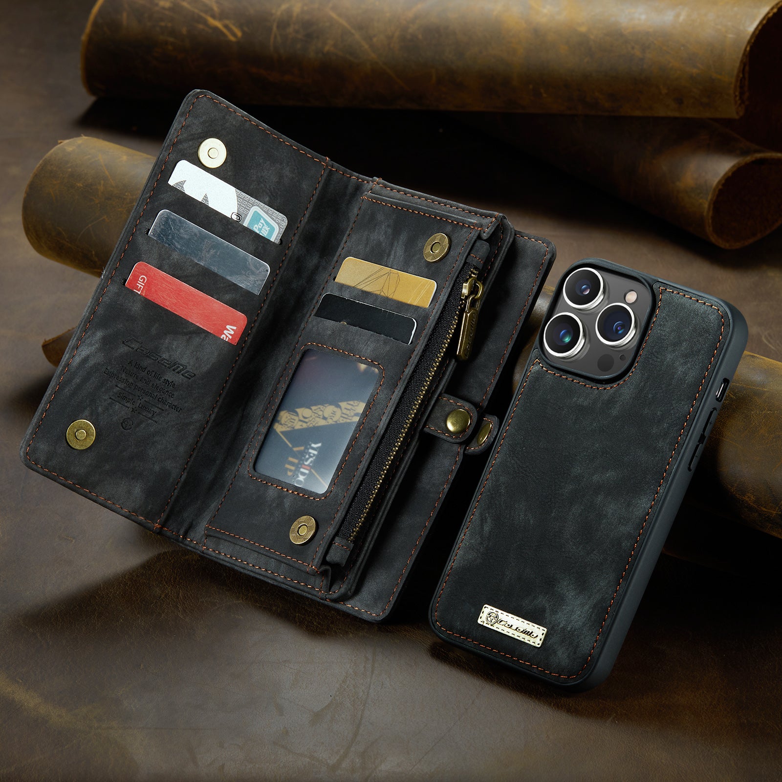 Luxury Detachable Leather Wallet Case – Multi-Function Zipper Flip Cover, Card Holder, Shockproof Protection, Magnetic Closure for iPhone