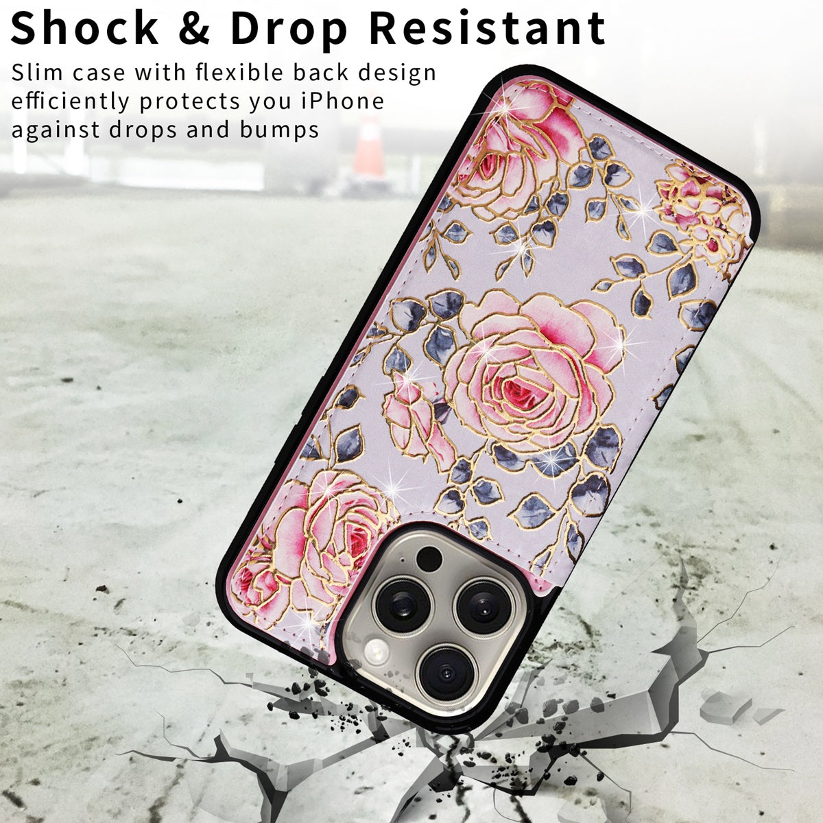 Hot Stamped Floral Wallet Case – Card Slots, Flip Cover, Magnetic Closure, Elegant Leather Design, Shockproof Protection for iPhone