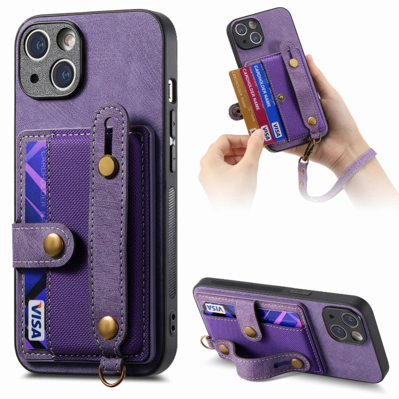 Luxury PU Leather Wallet iPhone Case with Wrist Strap – Stand Function, Card Holder, and Shockproof Protection for Secure and Stylish Convenience