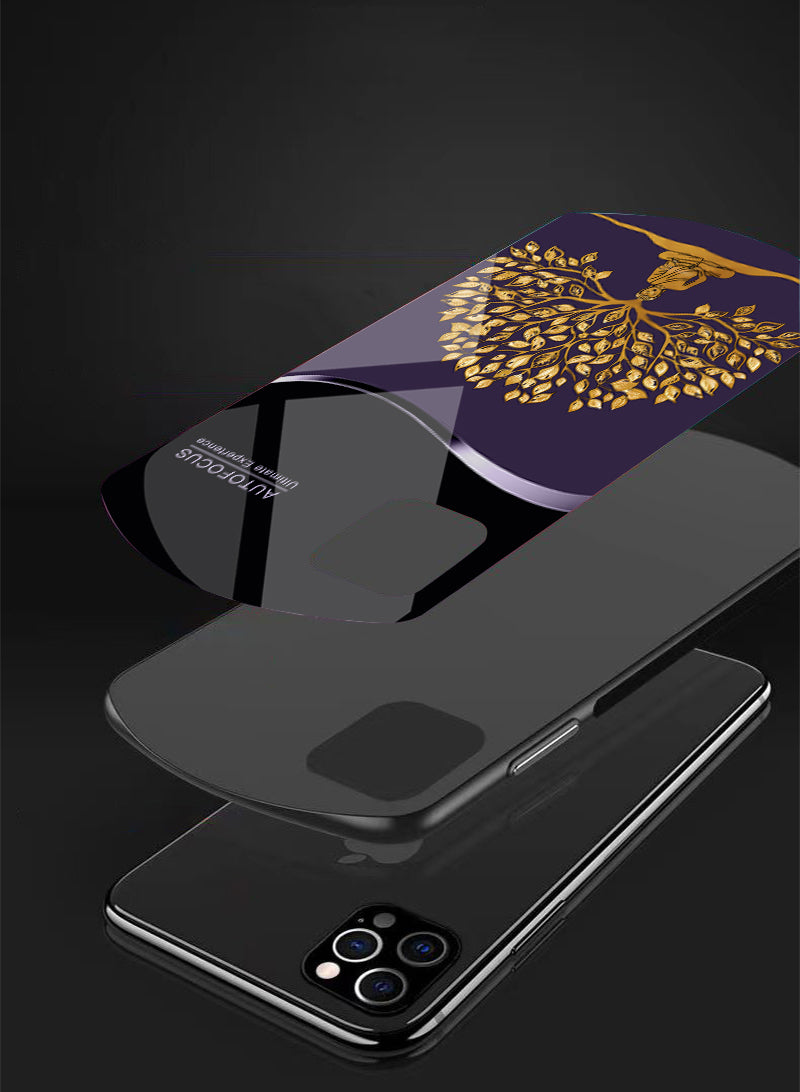 Golden Wealth Tree Phone Case – Elegant Tempered Glass for iPhone Models, Durable Protection, Stylish Elliptical Design