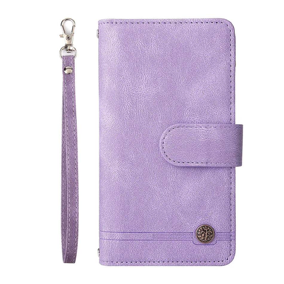 Premium Retro Flip Leather Case – Zipper Wallet, Multi-Card Slots, Necklace Lanyard, Magnetic Closure, Shockproof Protection for iPhone