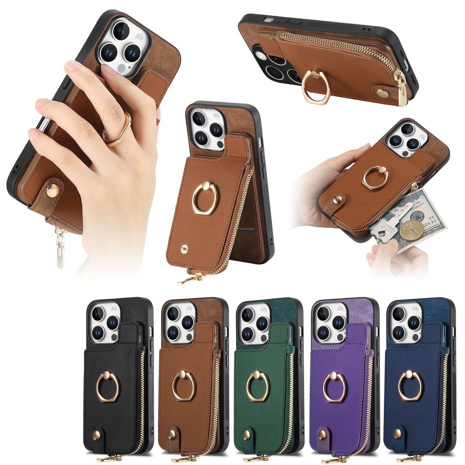 Luxury Zipper Wallet Leather iPhone Case – Card Holder, Ring Kickstand, Shockproof Protection, and Stylish Crossbody Design for Secure & Convenient Use