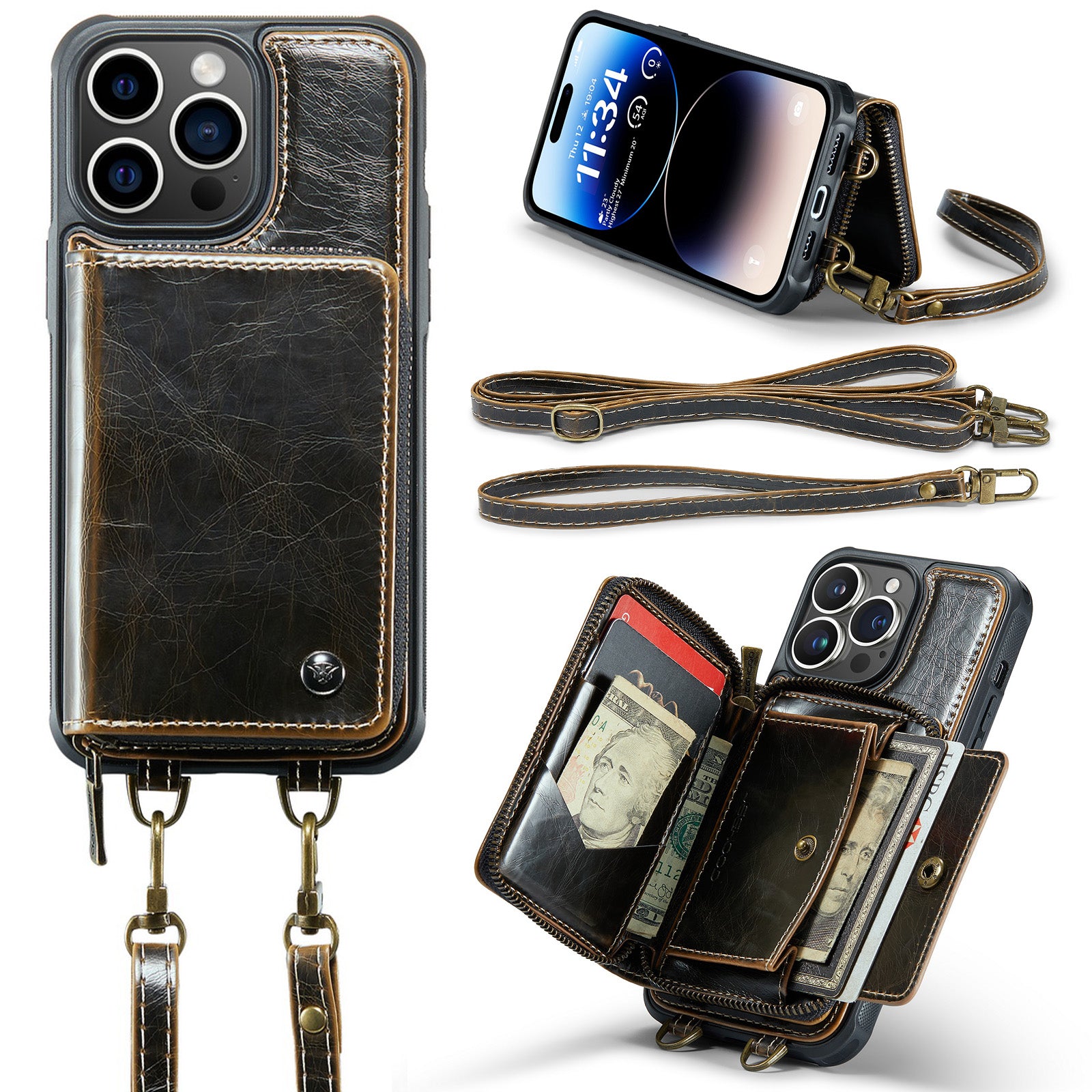 Luxury Leather Wallet Crossbody Phone Case – Card Slot Holder, Stand Function, Hand Lanyard Strap, Shockproof Protection for iPhone