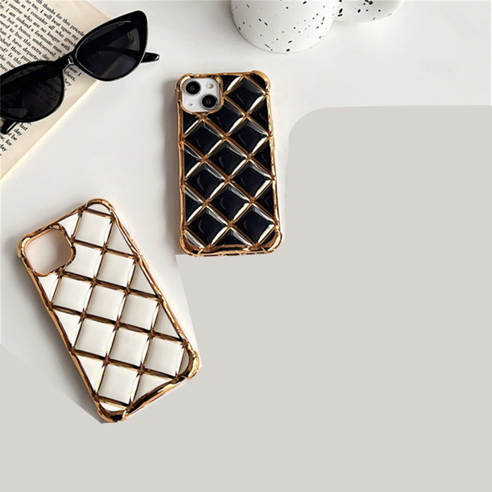 Luxury Plating Diamond Lattice Grid Shockproof Phone Case Gold Plated Cover for iPhone Models, Elegant & Durable Protection