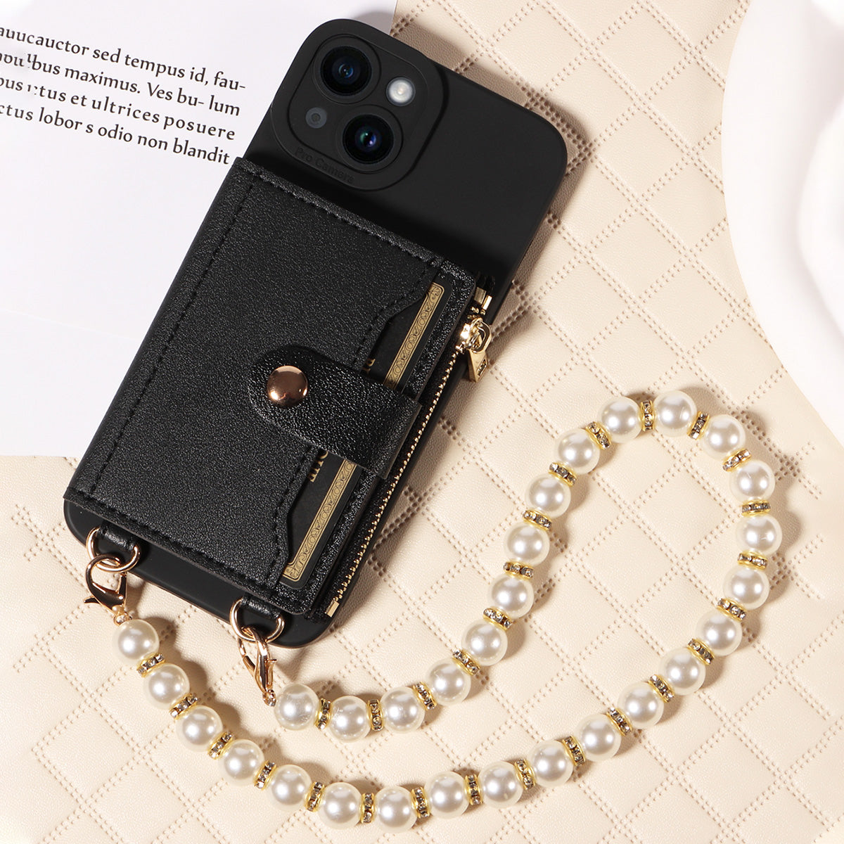 Luxury Stylish Mirror Zipper and Pearl Cord Phone Case for iPhone – Fall-Proof Faux Leather, Crossbody Purse for iPhone