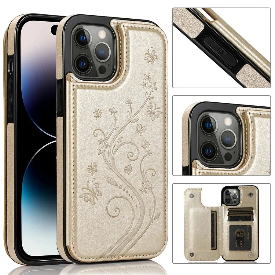 Luxury Wallet Butterfly Embossed Leather iPhone Case – Magnetic Flip, Card Slot, Stand Function, Shockproof Protective Cover