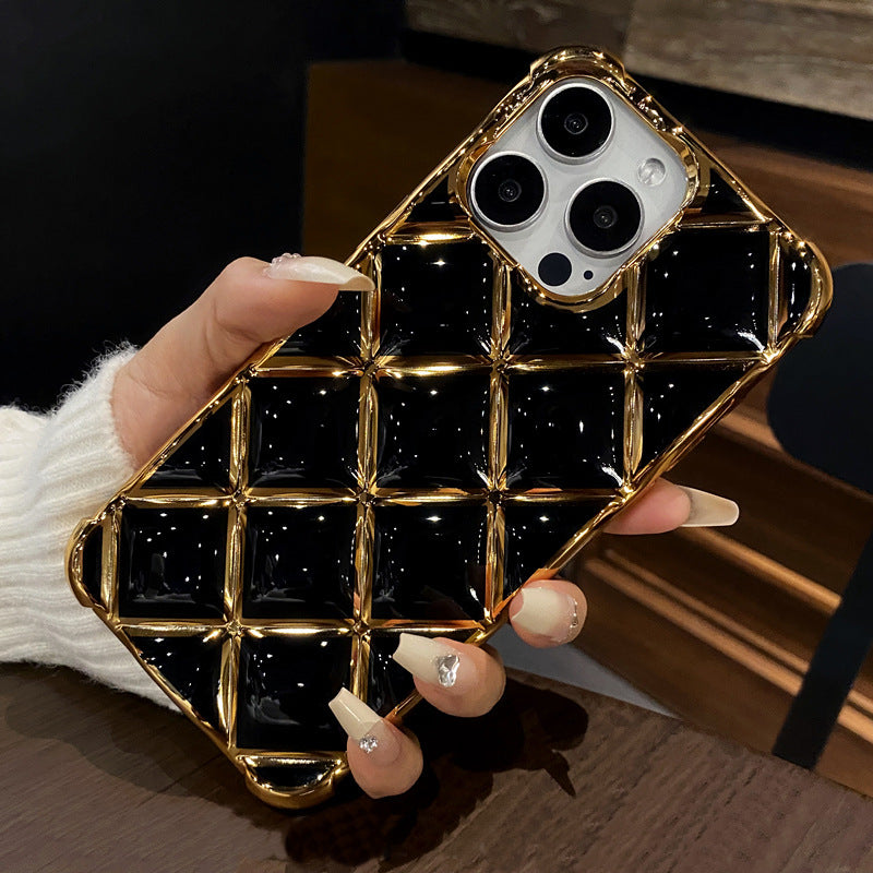 Luxury Plating Diamond Lattice Grid Shockproof Phone Case Gold Plated Cover for iPhone Models, Elegant & Durable Protection