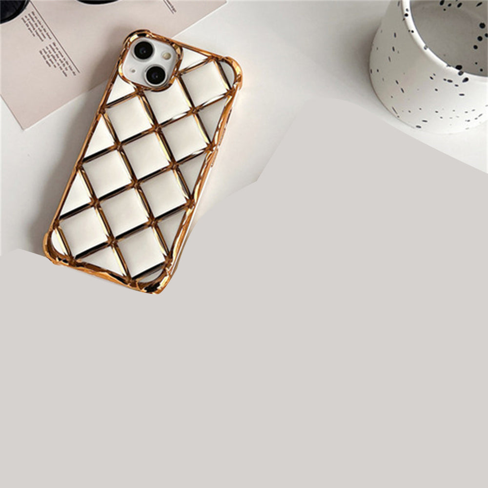 Luxury Plating Diamond Lattice Grid Shockproof Phone Case Gold Plated Cover for iPhone Models, Elegant & Durable Protection