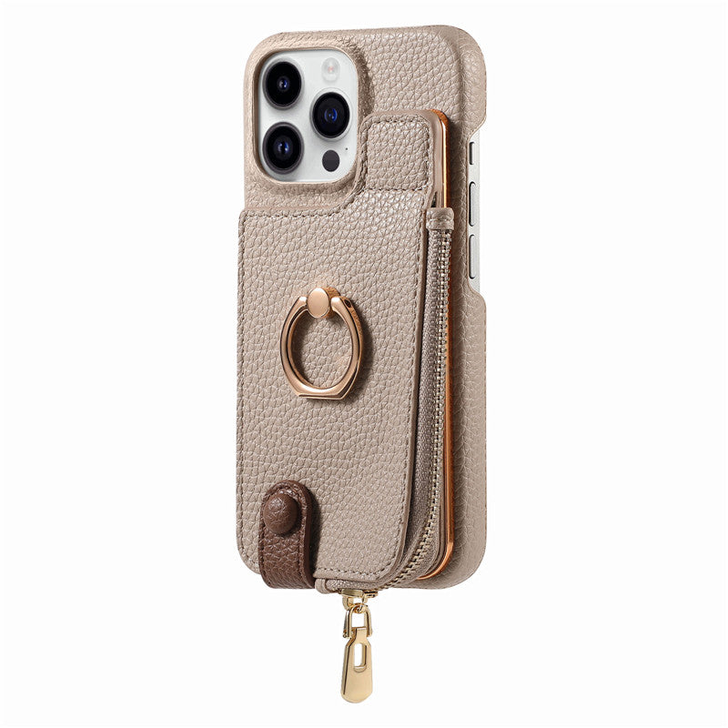 Luxury Leather Zipper Wallet Phone Case – Card Holder, Ring Kickstand, Shockproof Cover for iPhone Models