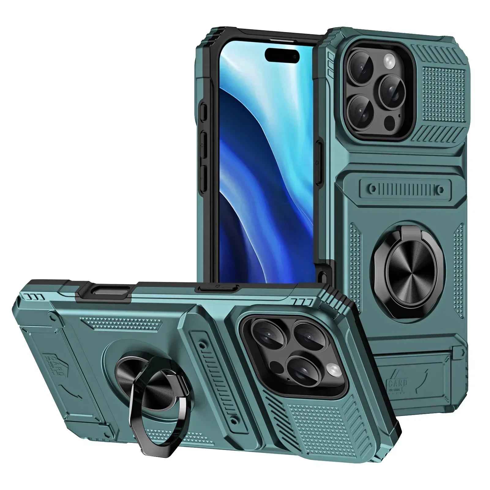 Magnetic Card Holder Case – Rotating Ring Kickstand, Heavy-Duty Shockproof Wallet Cover for iPhone Models