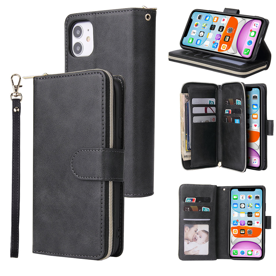 Premium 9 Card Slots Leather Wallet iPhone Case – Durable Zipper Flip Cover, Magnetic Stand, Shockproof Protection, Multi-Card Holder for iPhone