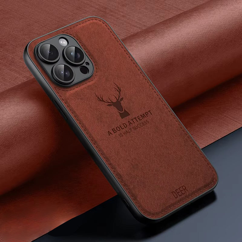 Luxury Cloth Leather Texture iPhone Case – Deer Head Pattern, Shockproof, Soft & Durable Protection, Stylish Design for Daily Use | Case for iPhone