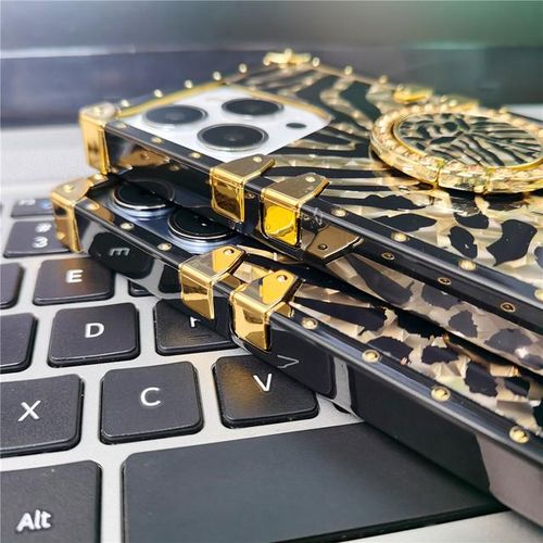 Luxury Leopard Gold Plating Phone Case Glitter Diamond Ring Stand for iPhone Models Stylish Design Durable & Functional Funda