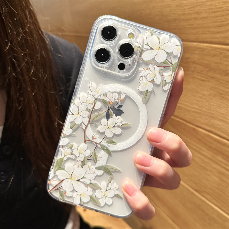 Transparent Floral MagSafe Case - Clear Shockproof Phone Cover with Magnetic Wireless Charging Compatibility Case for iPhone