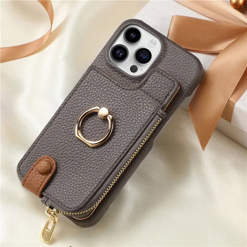 Luxury Leather Zipper Wallet Phone Case – Card Holder, Ring Kickstand, Shockproof Cover for iPhone Models