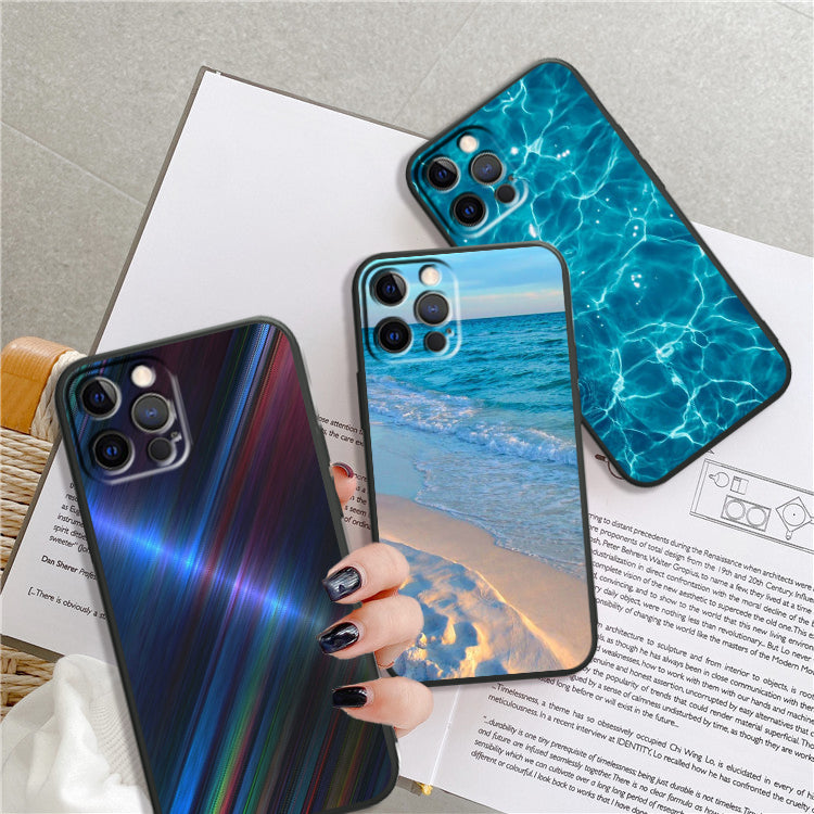 Red Blue Metal and Seawater Soft Phone Case for iPhone 15, 14, 13, 12, 11, XS, XR, X, 8, 7, SE Pro Max, Plus, Mini - Black