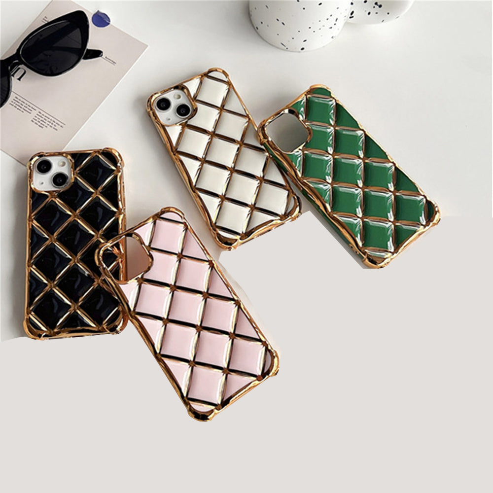 Luxury Plating Diamond Lattice Grid Shockproof Phone Case Gold Plated Cover for iPhone Models, Elegant & Durable Protection