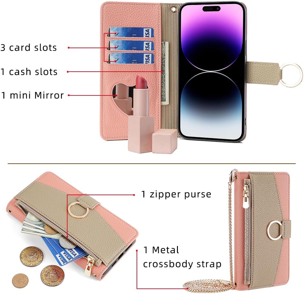 Premium Leather Crossbody Wallet Case for iPhone - Flip Mirror Design, Long Lanyard,  Shockproof Protection for iPhone Models