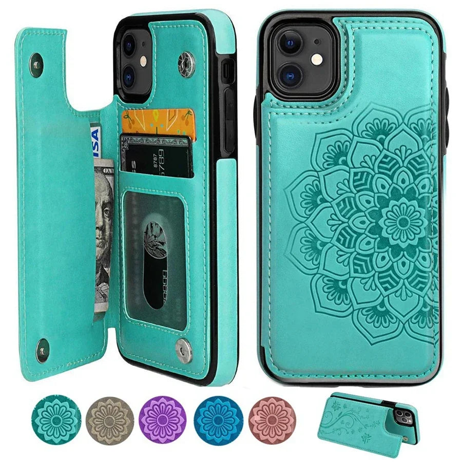 Luxury Wallet Datura Double Buckle Leather Case for iPhone – Magnetic Flip with Card Slot, Protective Cover for iPhone 16 Pro Max, 15 Plus, 14, 13, 12, 11, SE 2, X, XS, XR