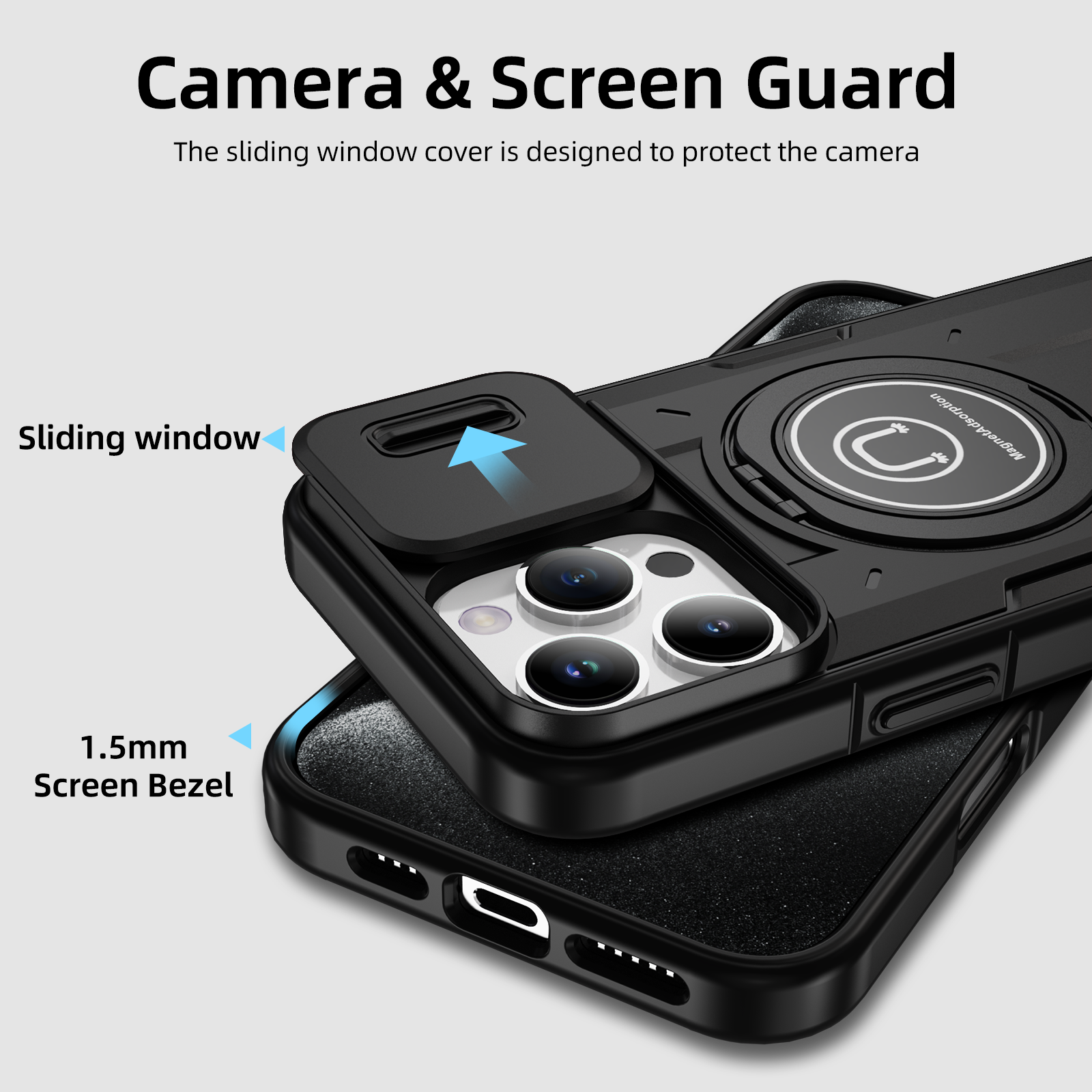 Slide Camera Ring Stand Armor Case – Anti-Fall Protection Kickstand Cover for iPhone Models