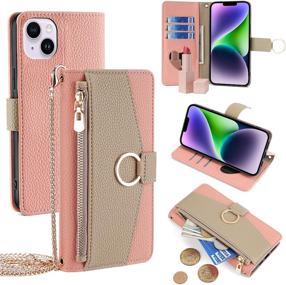 Premium Leather Crossbody Wallet Case for iPhone - Flip Mirror Design, Long Lanyard,  Shockproof Protection for iPhone Models