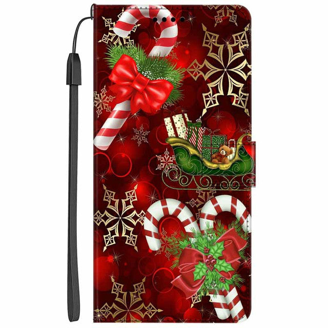 Christmas Flip Leather Wallet iPhone Case – Festive Santa Claus Design, Card Holder, Magnetic Closure, Shockproof Protection