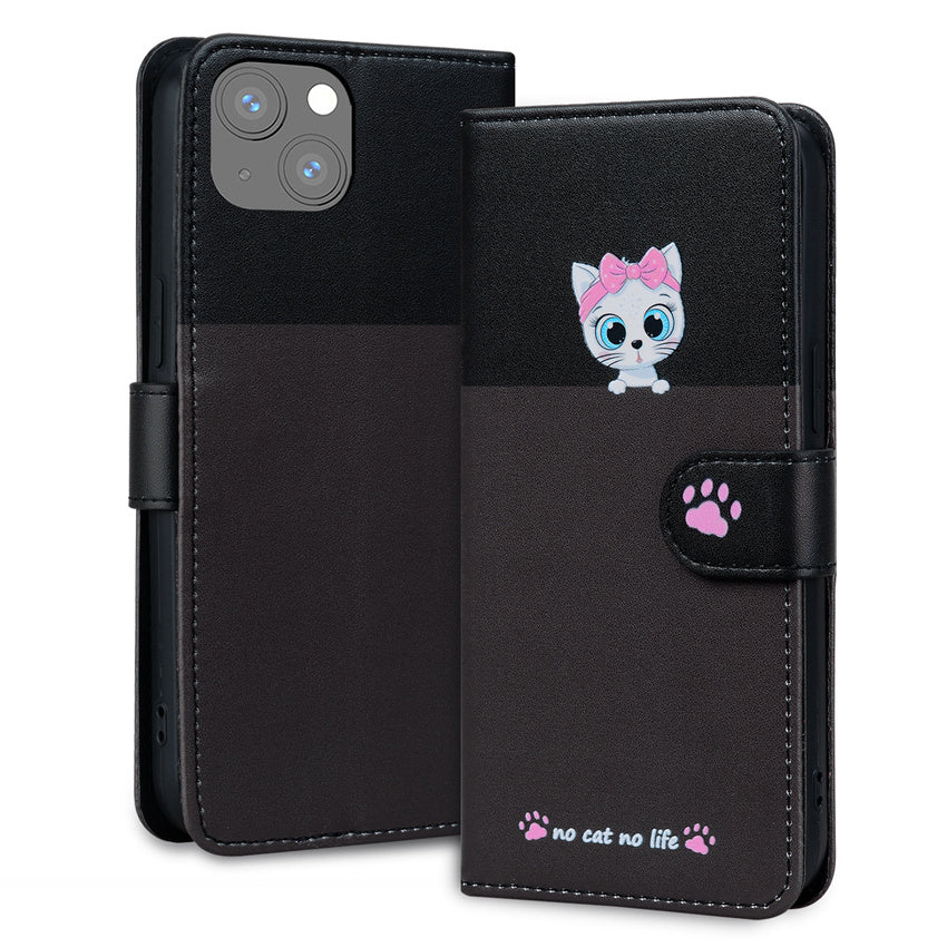 Cartoon Anime Flip Leather iPhone Case – Cute Pet Cat & Dog Print, Card Holder, Book-Style Wallet Cover, Magnetic Closure