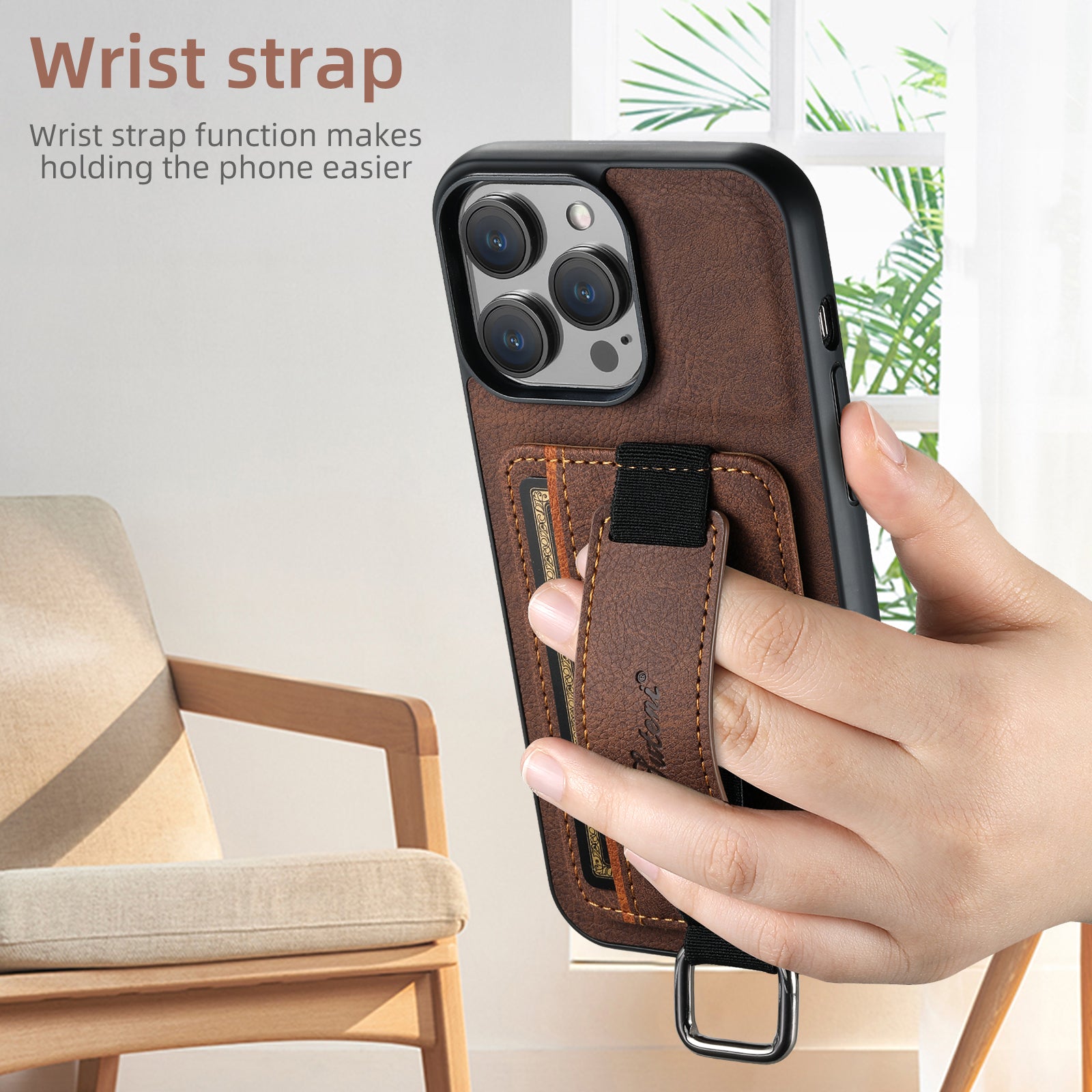 Luxury Leather Card Holder iPhone Case – Wrist Ring, Wallet Design, Shockproof Protection, Premium PU Leather, Magnetic