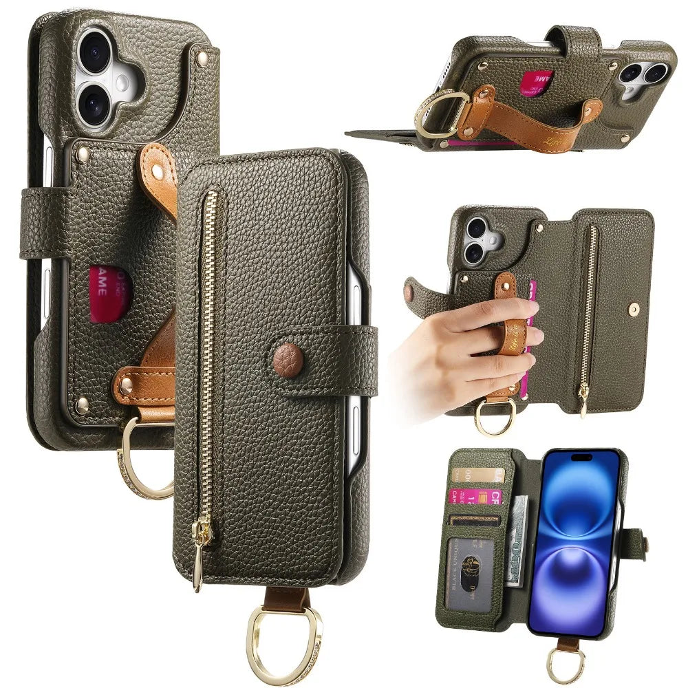 Luxury Wallet Flip Phone Case – Card Slot Holder, Wrist Strap, Ring Kickstand, Shockproof Cover for iPhone Models