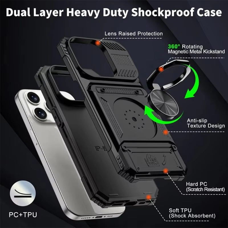 Military-Grade Magnetic Case – Heavy-Duty Drop Protection, Rotating Ring Kickstand Rugged Shockproof Design for iPhone Models