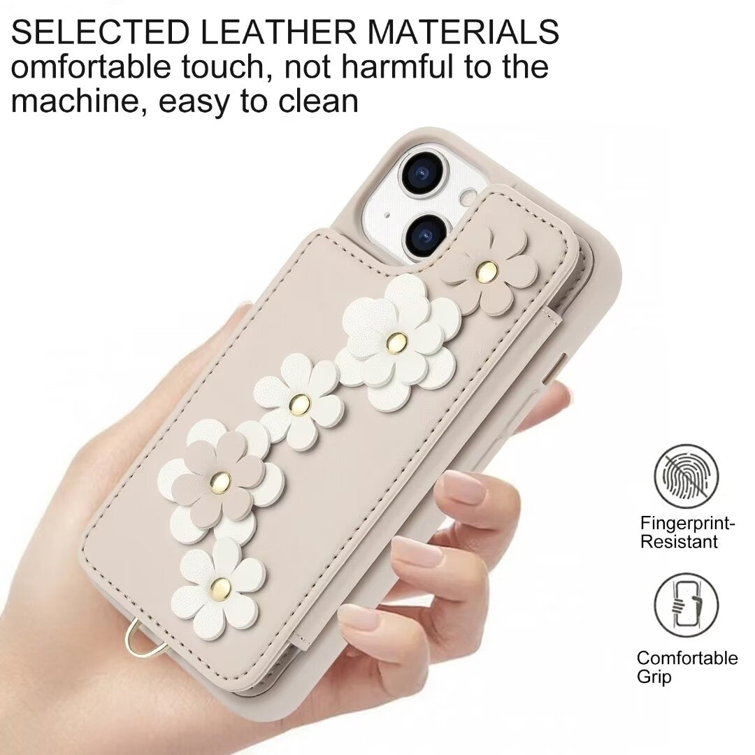 Luxury Crossbody Wallet Leather Phone Case – 3D Flower Design, Card Slot, Wrist Strap, Magnetic Closure, Protective Cover