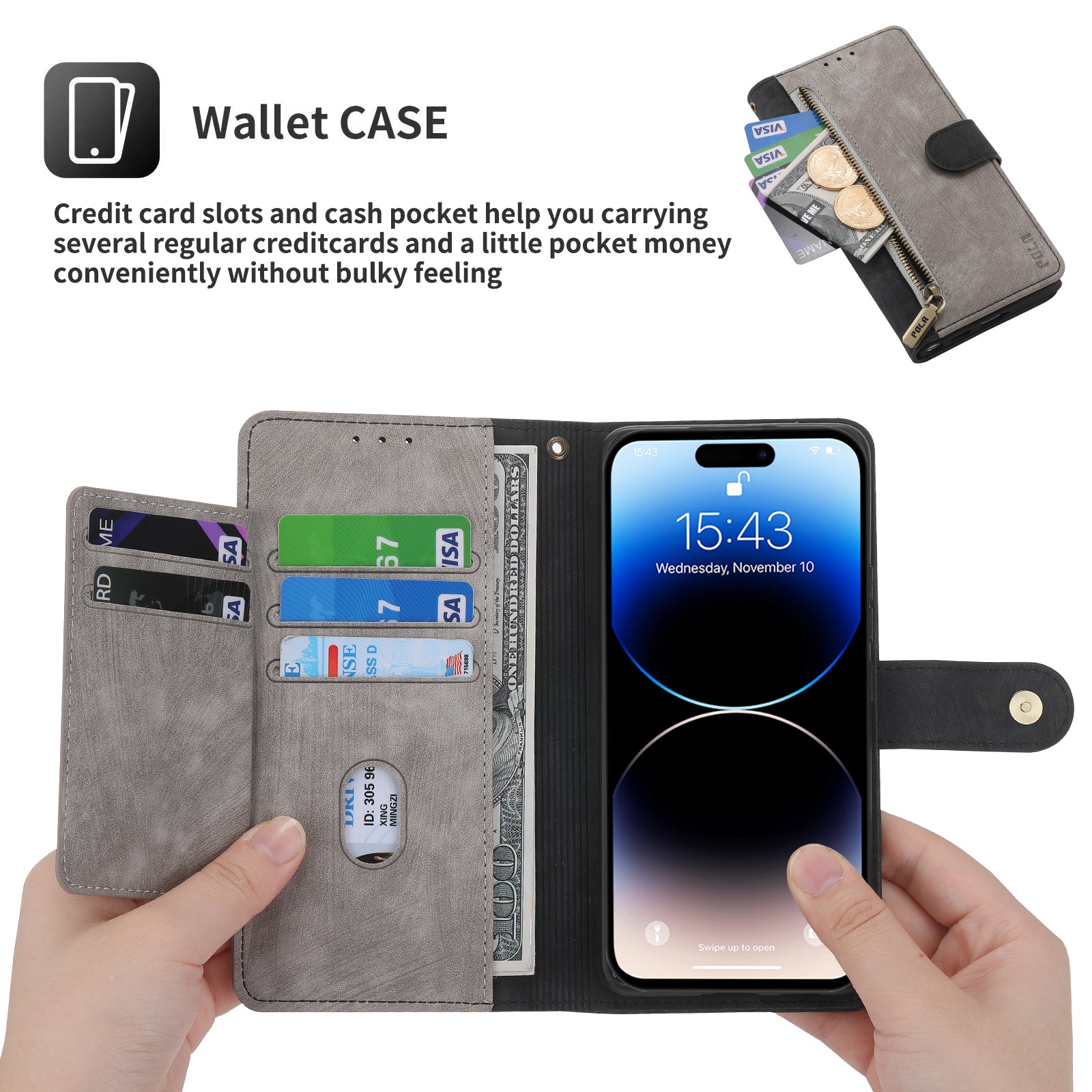 RFID Blocking Leather Wallet Case – Zipper Flip Cover, Card Slot Holder, Magnetic Stand, Shockproof Protection, Premium Design for iPhone