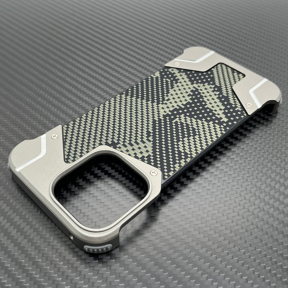 Camouflage Metal Armor Case Frameless Real Carbon Fiber Cover with Built-In Magnet for iPhone Models, Durable and  Protection