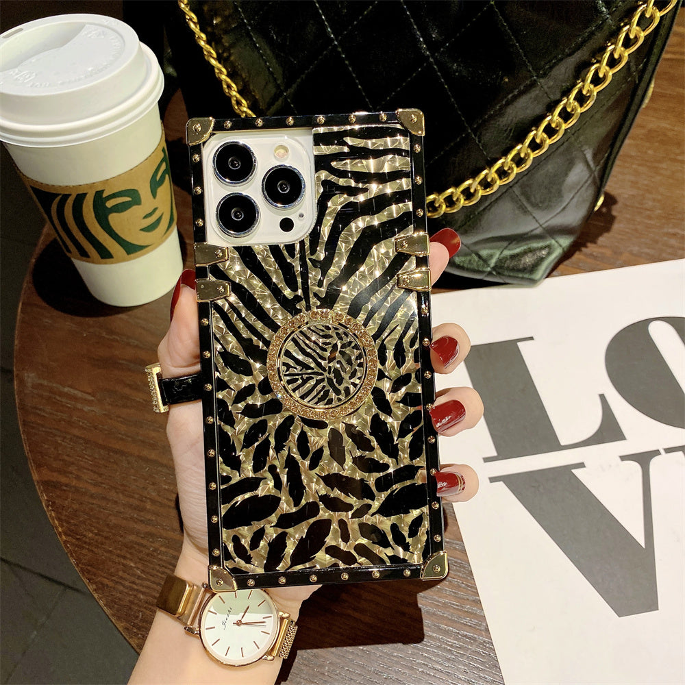 Luxury Leopard Gold Plating Phone Case Glitter Diamond Ring Stand for iPhone Models Stylish Design Durable & Functional Funda