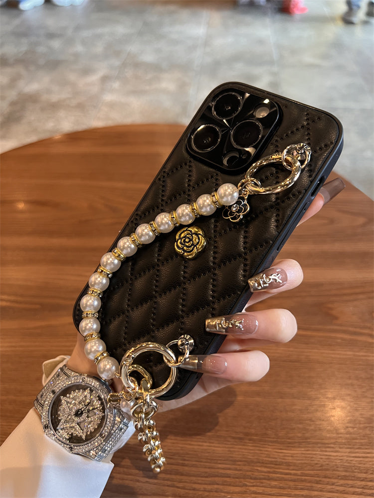 High Quality Luxurious Phone Case – 3D Camellia Design with Chain Strap for iPhone