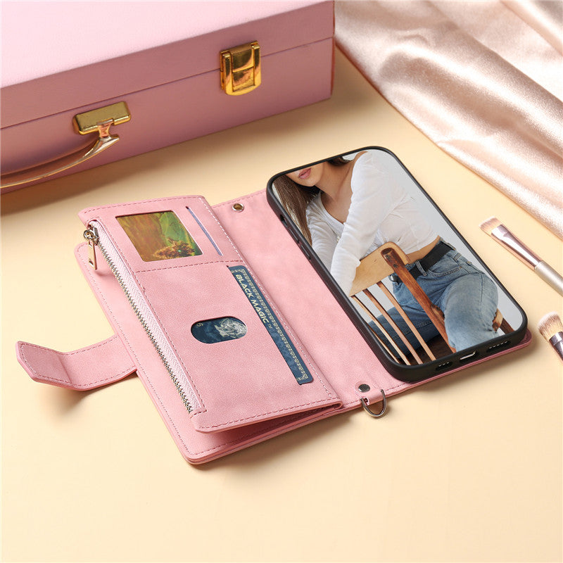 Luxury Flip Leather Wallet Phone Case – Long Lanyard, Zipper Closure, Card Holder, Magnetic Protection, and Premium Design for iPhone