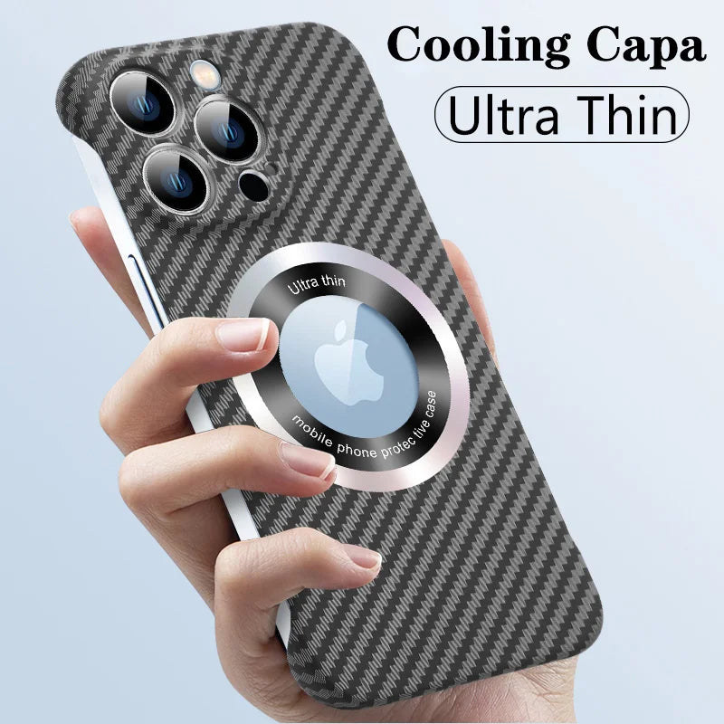 Ultra-Thin Carbon Fiber MagSafe Case – Frameless Matte PC Cover with Logo Hollow and Magnetic Ring for iPhone Models