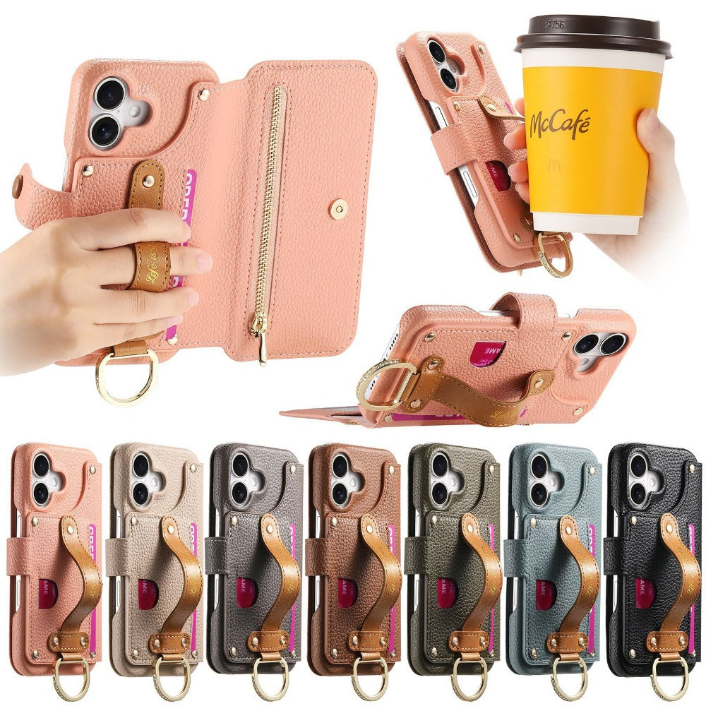 Luxury Wallet Flip iPhone Case – Card Slot Holder, Wrist Strap, Ring Kickstand, Shockproof Cover for iPhone Models