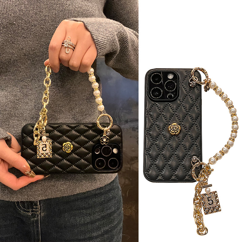 High Quality Luxurious Phone Case – 3D Camellia Design with Chain Strap for iPhone