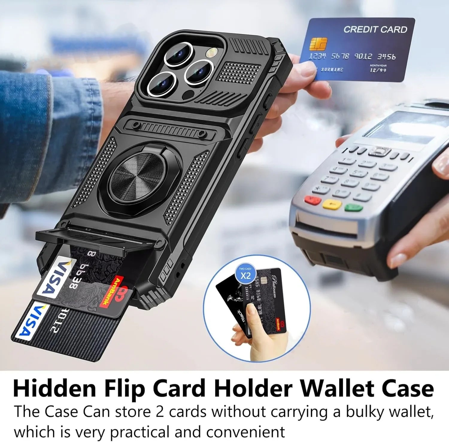 Magnetic Card Holder iPhone Case – Rotating Ring Kickstand, Heavy-Duty Shockproof Wallet Cover for iPhone Models