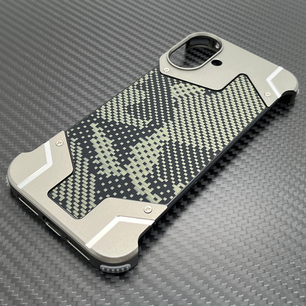 Camouflage Metal Armor Case Frameless Real Carbon Fiber Cover with Built-In Magnet for iPhone Models, Durable and  Protection