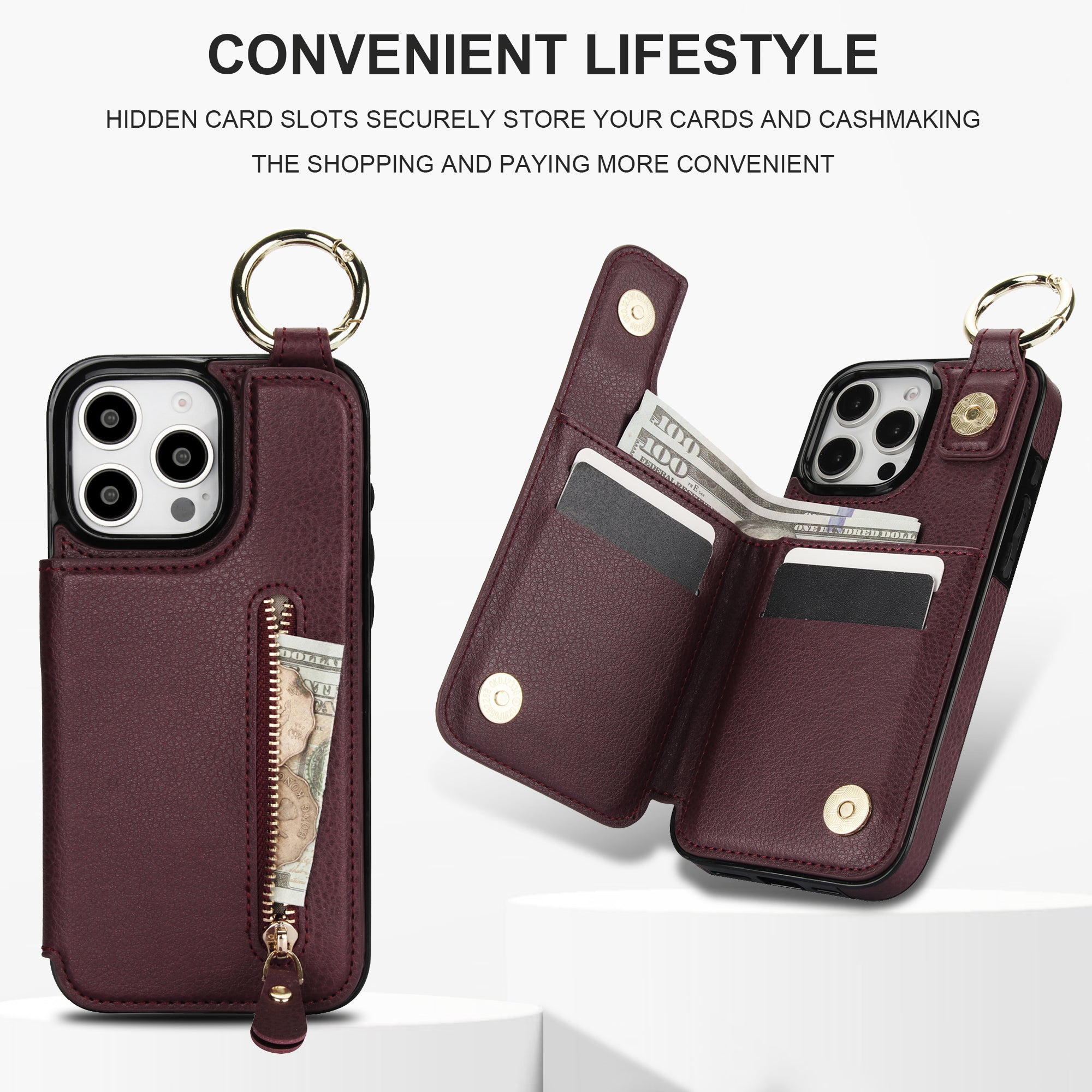 Luxury Zipper Wallet Leather iPhone Case – Card Holder, Ring Stand, Shockproof Protection, and Crossbody Design for Secure & Stylish Convenience