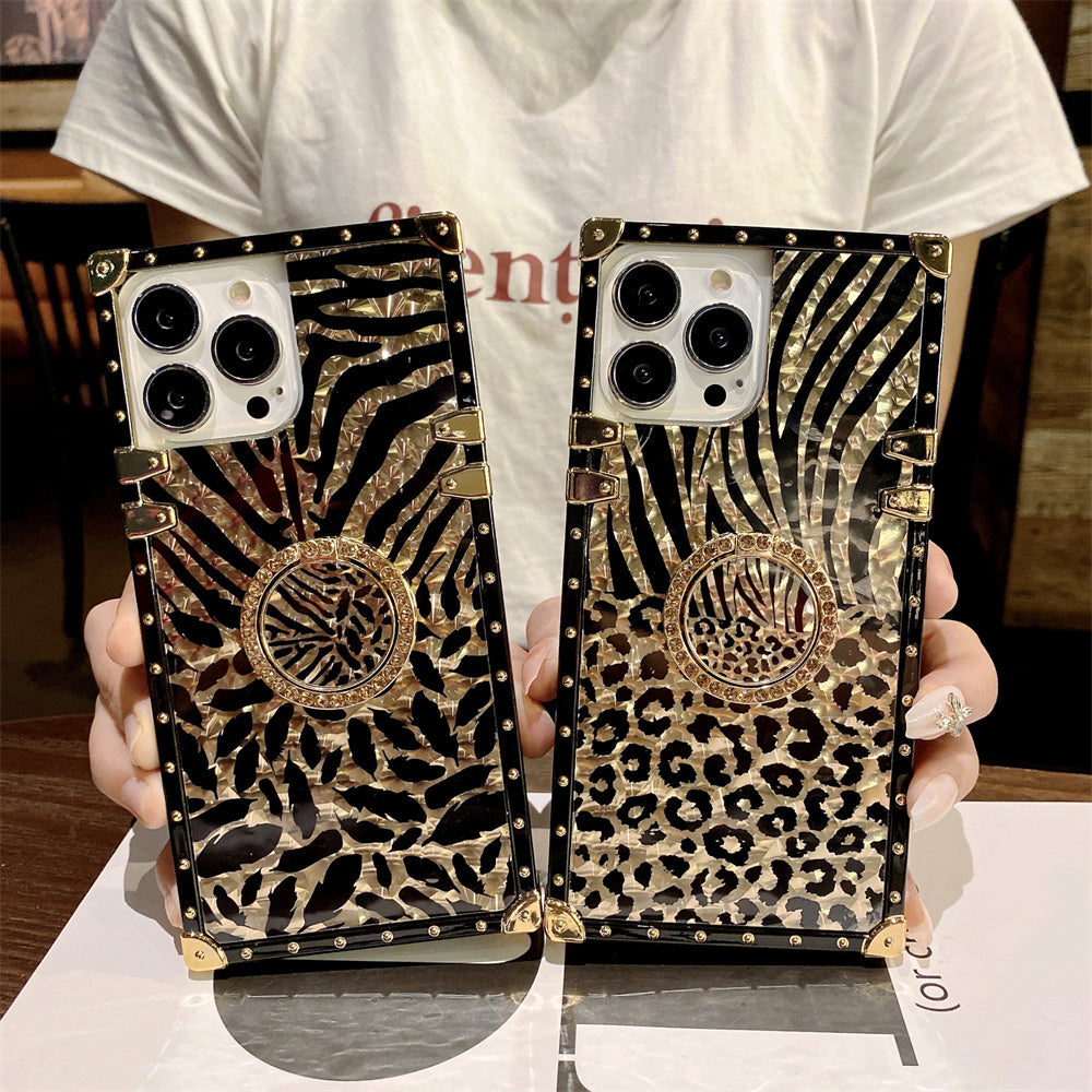 Luxury Leopard Gold Plating Phone Case Glitter Diamond Ring Stand for iPhone Models Stylish Design Durable & Functional Funda