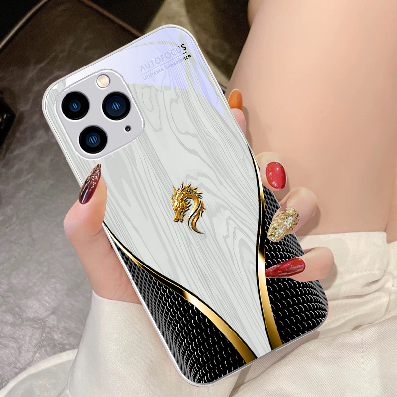 Premium Yellow Dragon Qi Soars to the Sky Tempered Glass Phone Case Stylish Protection iPhone Models Durable Elegant Cover